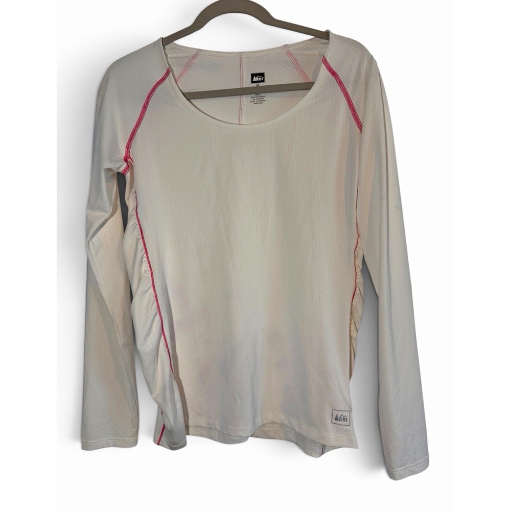 REI Womens M Performance Long Sleeve Shirt White Pink Mesh Running Hiking Light